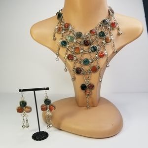 MULTI COLORED STONE BIB NECKLACE AND EARRINGS SET